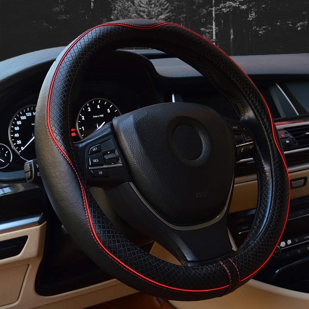 Valleycomfy Steering Wheel Covers Universal 15 inch - Genuine Leather, Breathable, Anti Slip &amp; Odor (Black with Red Lines, M(14" 1/2-15" 1/4))