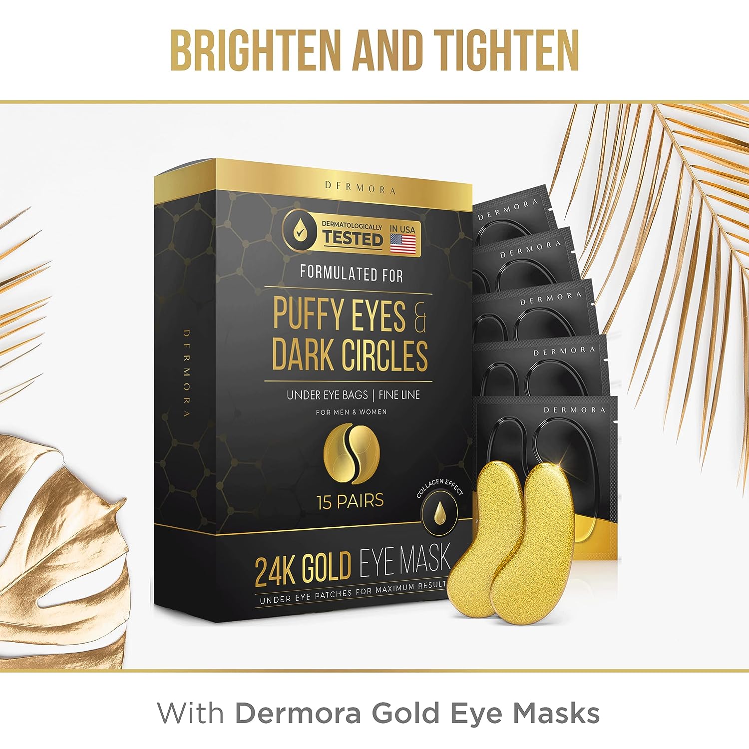 DERMORA Skin Treatment Mask 24K Gold Eye Mask - Rejuvenating Treatment for Dark Cirlce,Puffiness,Refresh,Revitalizing,Wrinkles - 30 Pairs Eye Gels