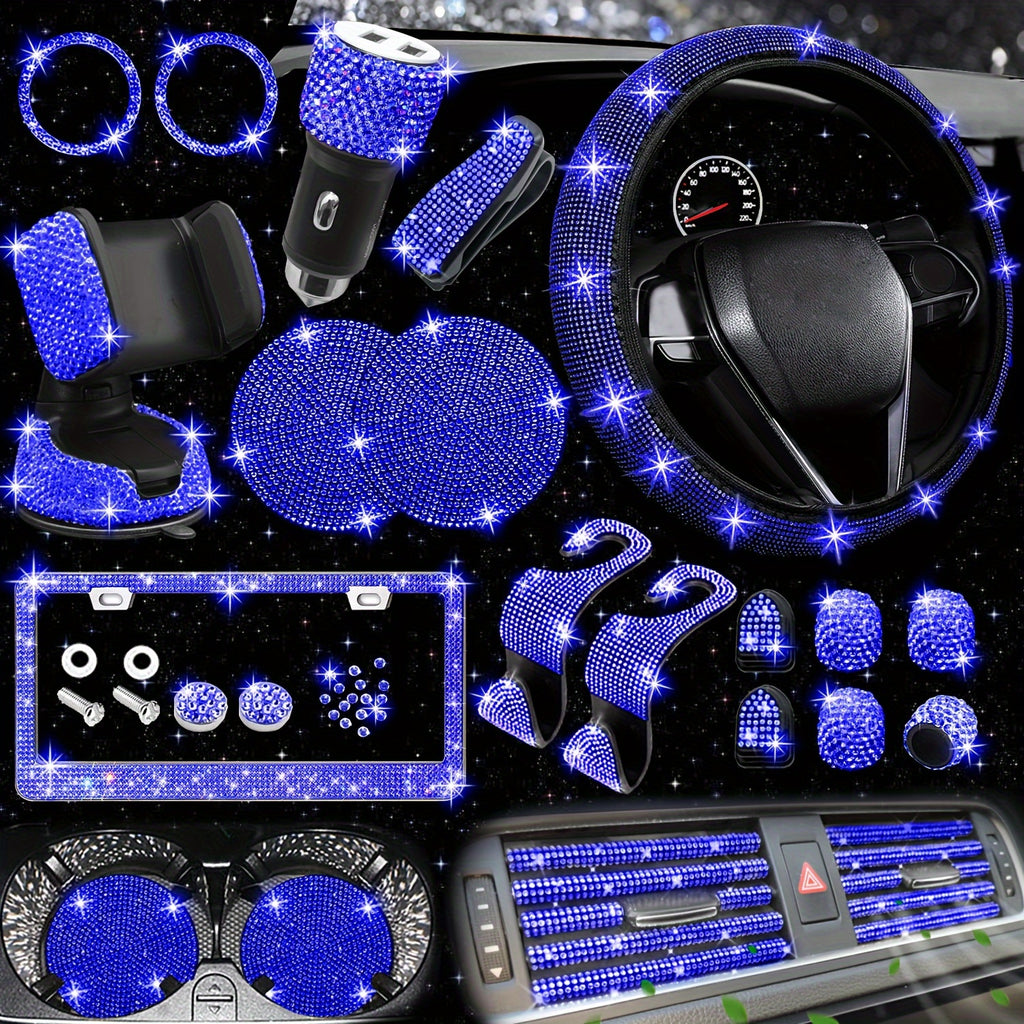27pcs Bling Car Accessories Set For Women, Bling Steering Wheel Covers Universal Fit 15 Inch, Bling License Plate Frame,  Phone Holder, Car Coasters