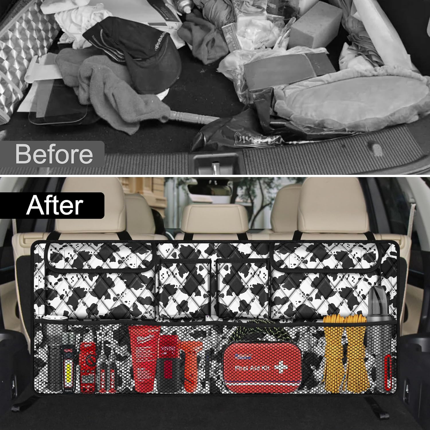 Femuar Car Trunk Organizer,Large Capacity Backseat Trunk Organizer(42"*18"),Collapsible Car Storage Bag with 8 Pocekt,Car Organizer for SUV/MPV/Truck - Cow print