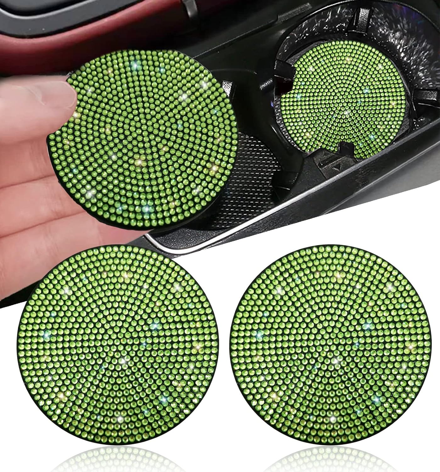 2pcs Bling Car Cup Holder Coaster, 2.75 inch Anti-Slip Shockproof Universal Fashion Vehicle Car Coasters Insert Bling Rhinestone Auto Automotive Interior Accessories for Women (2 pcs, Light Green)