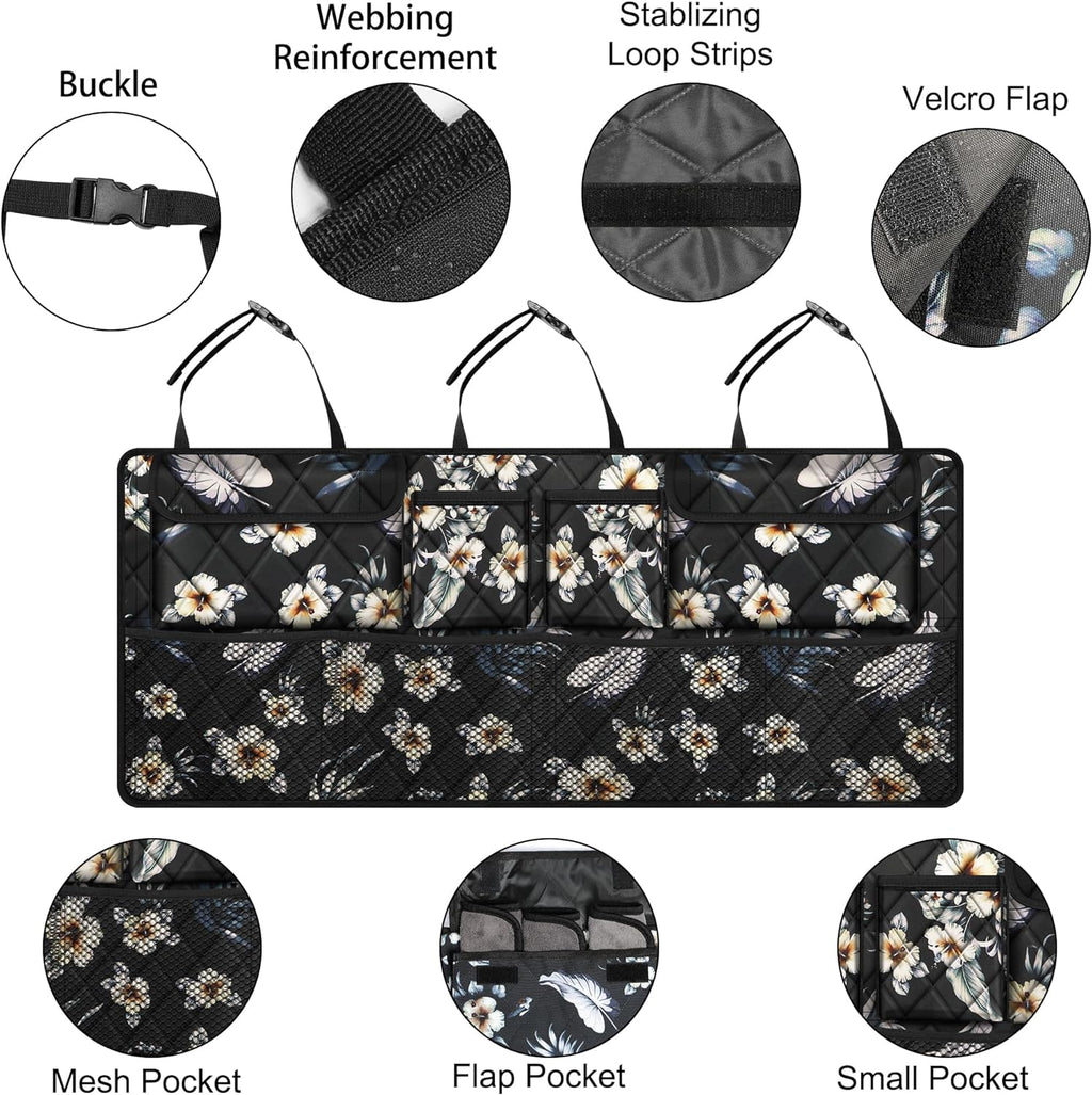 Femuar Car Trunk Organizer,Large Capacity Backseat Trunk Organizer(42"*18"),Collapsible Car Storage Bag with 8 Pocekt,Car Organizer for SUV/MPV/Truck - Hibiscus