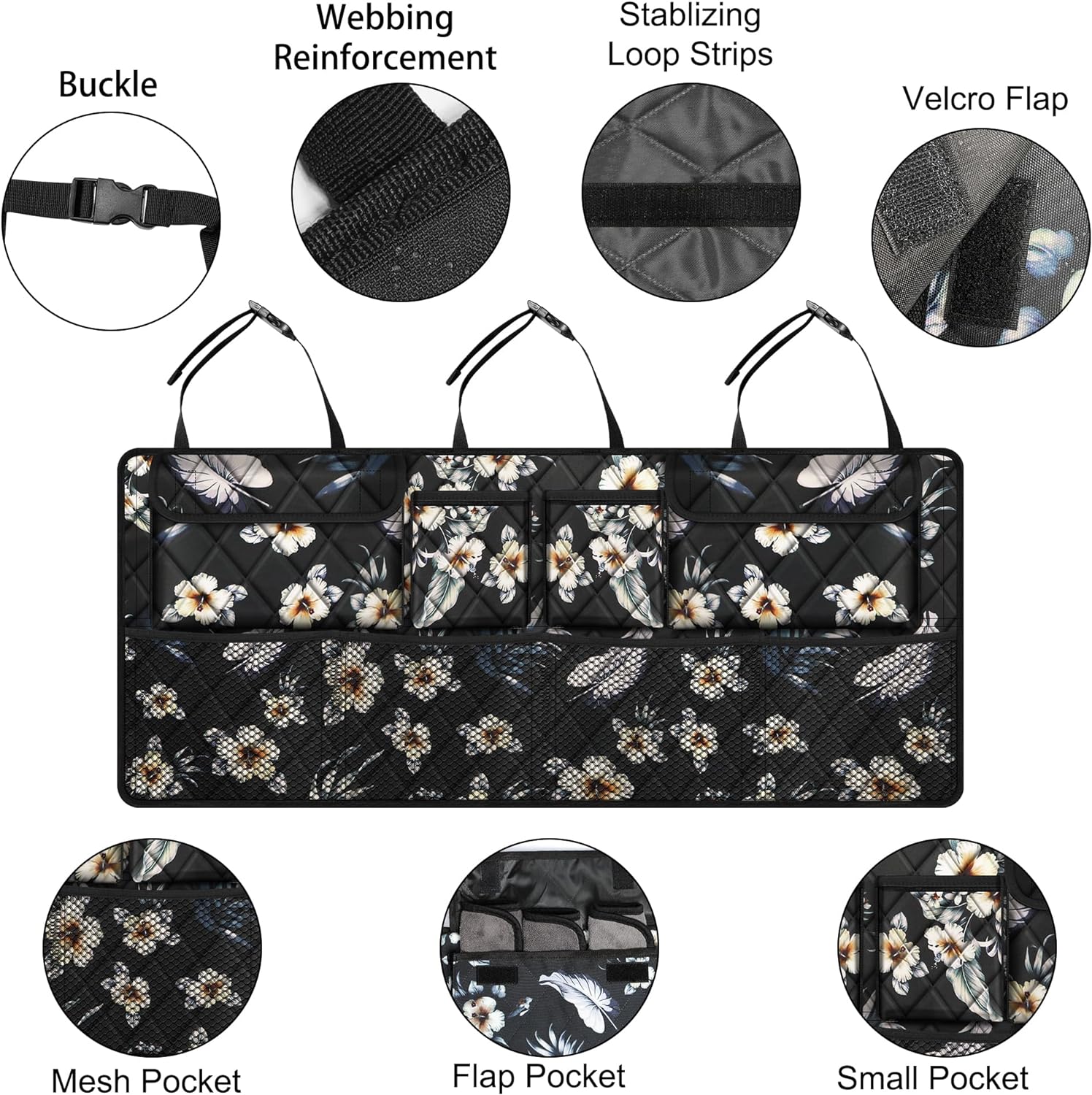 Femuar Car Trunk Organizer,Large Capacity Backseat Trunk Organizer(42"*18"),Collapsible Car Storage Bag with 8 Pocekt,Car Organizer for SUV/MPV/Truck - Hibiscus