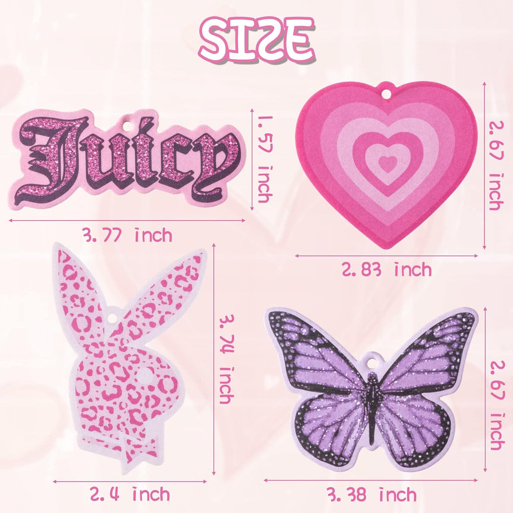 4Pcs Y2k 2000s Pink Car Air Freshener Purple Butterfly Leopard Bunny Pink Heart Fragrance Hanging Slice Car Diffuser Ornament Essential Oil Pendant Gift for Car Interior Accessories Home Decor