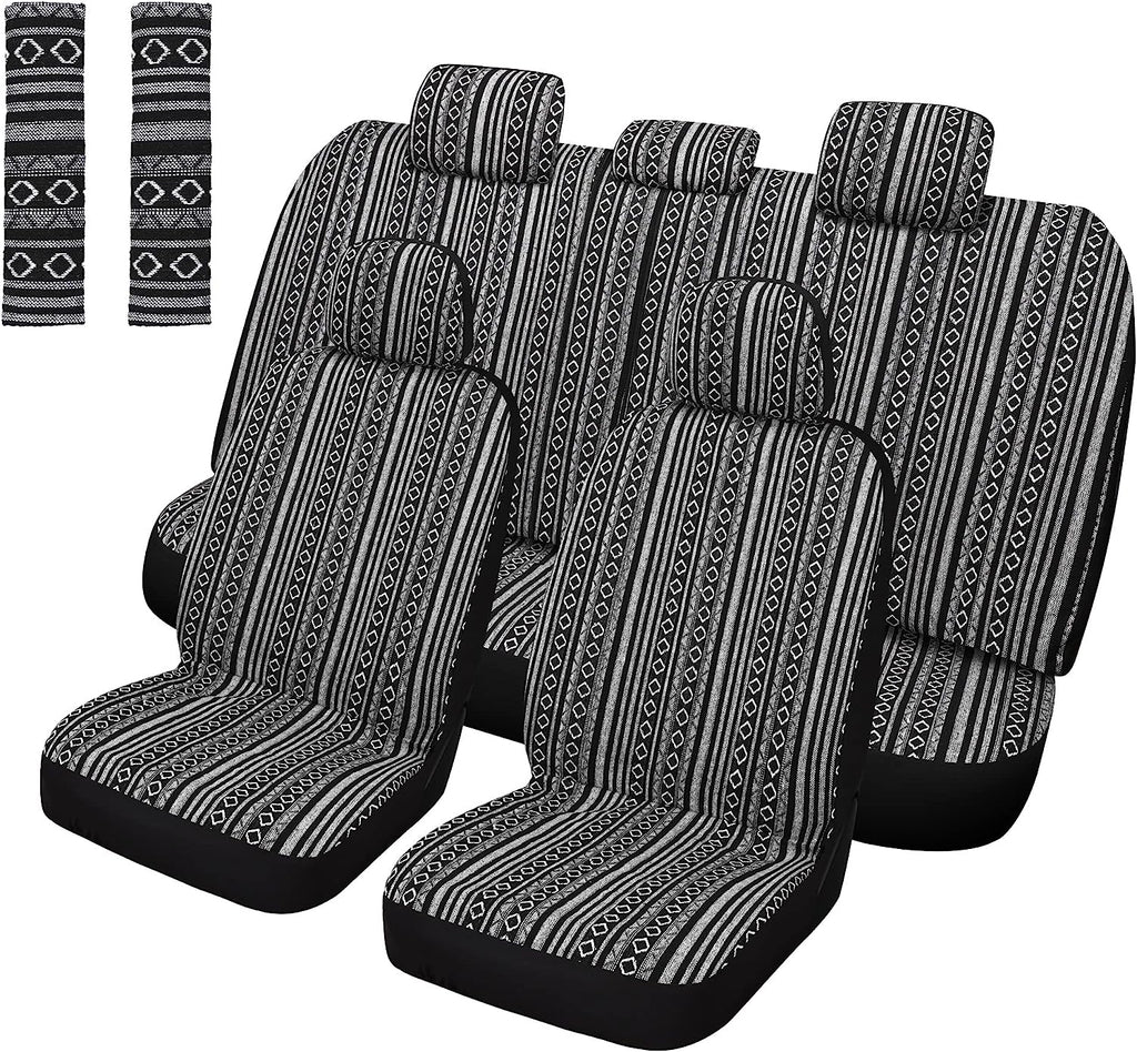 Pariitadin Baja Saddle Blanket Car Seat Covers Full Set with Seat Belt Pads, Washable Breathable Striped Woven Cloth Seat Covers for Cars, Universal Fit Most Cars, Airbag Compatible, Black/White