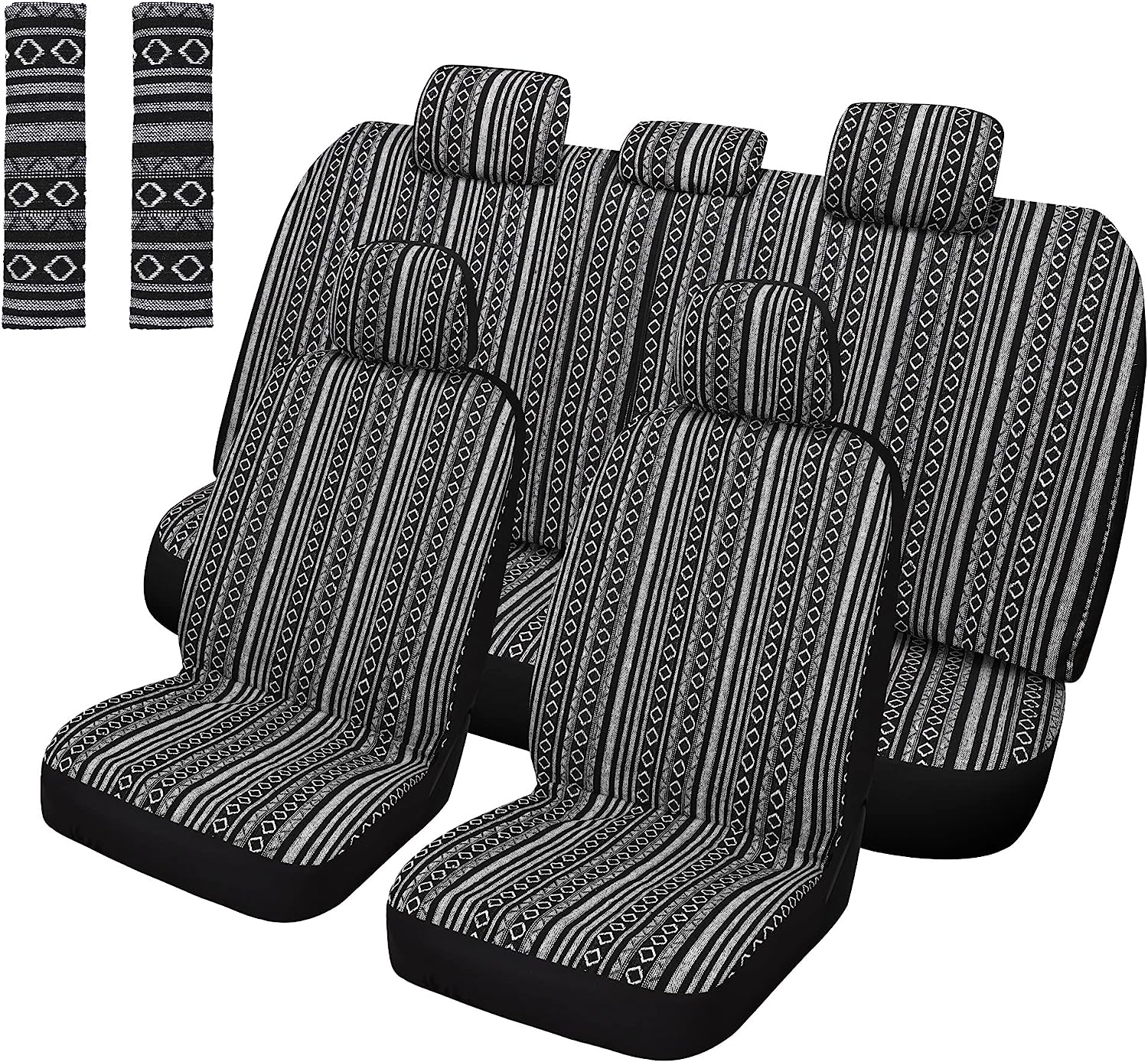 Pariitadin Baja Saddle Blanket Car Seat Covers Full Set with Seat Belt Pads, Washable Breathable Striped Woven Cloth Seat Covers for Cars, Universal Fit Most Cars, Airbag Compatible, Black/White