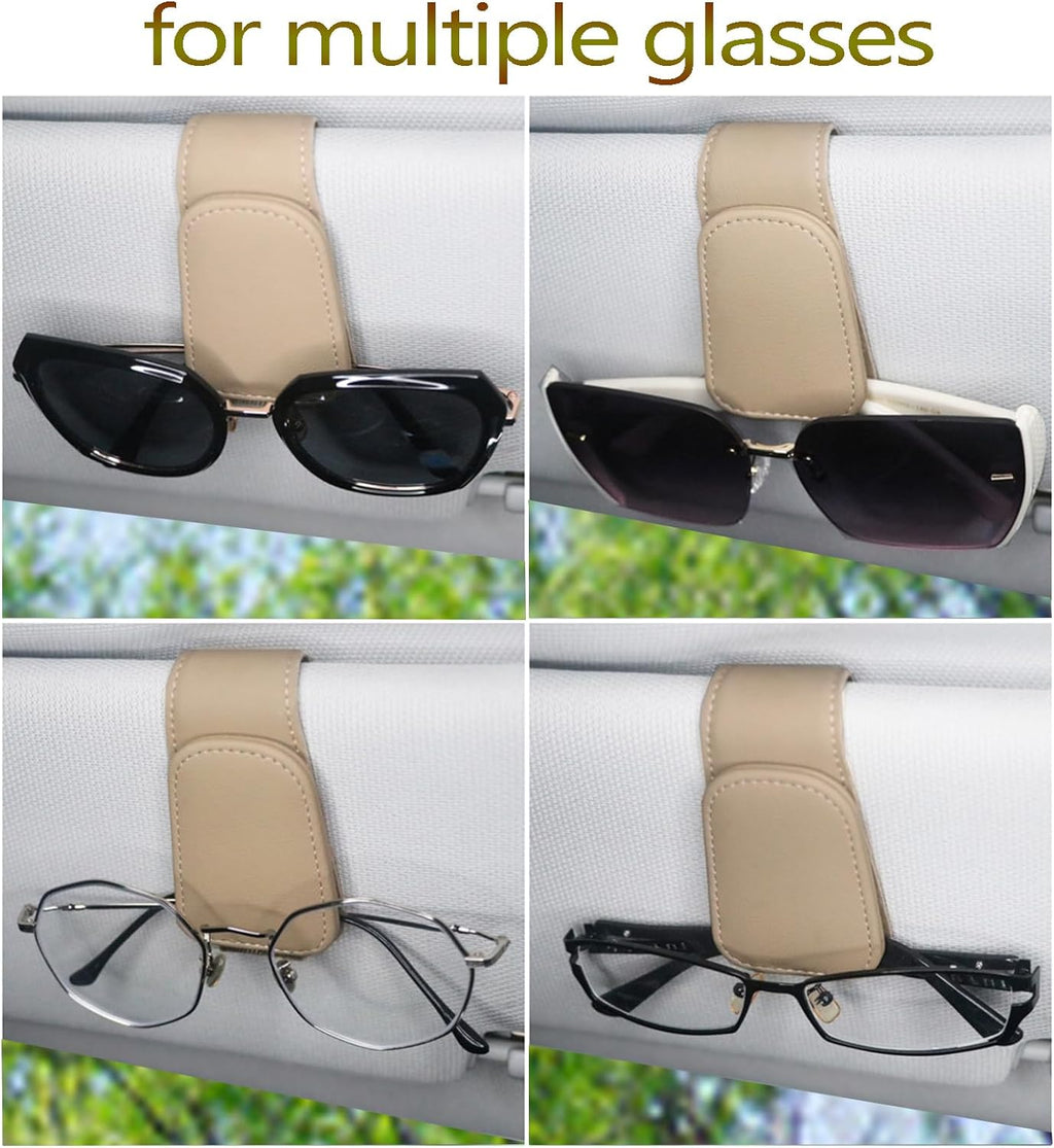 CHOSMOYI Magnetic Leather Sunglass Holder for Car, Sunglasses Clip for Car Visor, Auto Interior Accessories Universal for Different Size Eyeglasses (Beige)