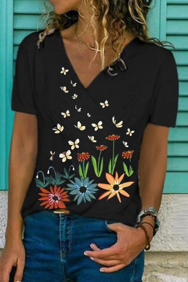 V-neck Printed Short-sleeved T-shirt