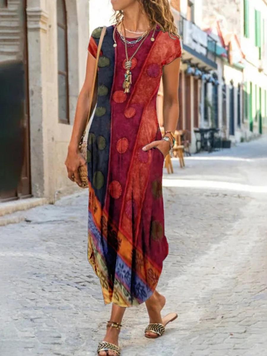 Women's Round Neck Pocket Short Sleeve Printed Dress