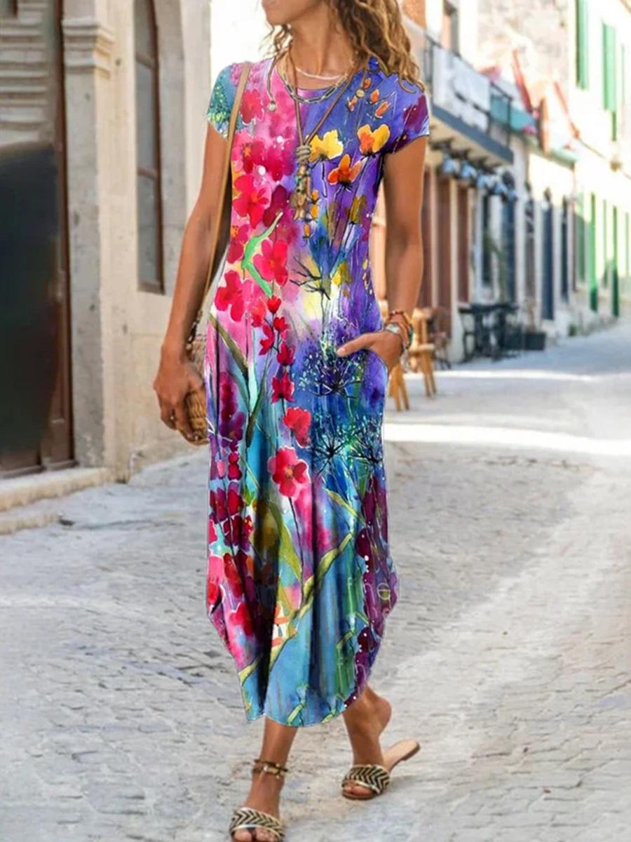 Women's Round Neck Pocket Short Sleeve Printed Dress