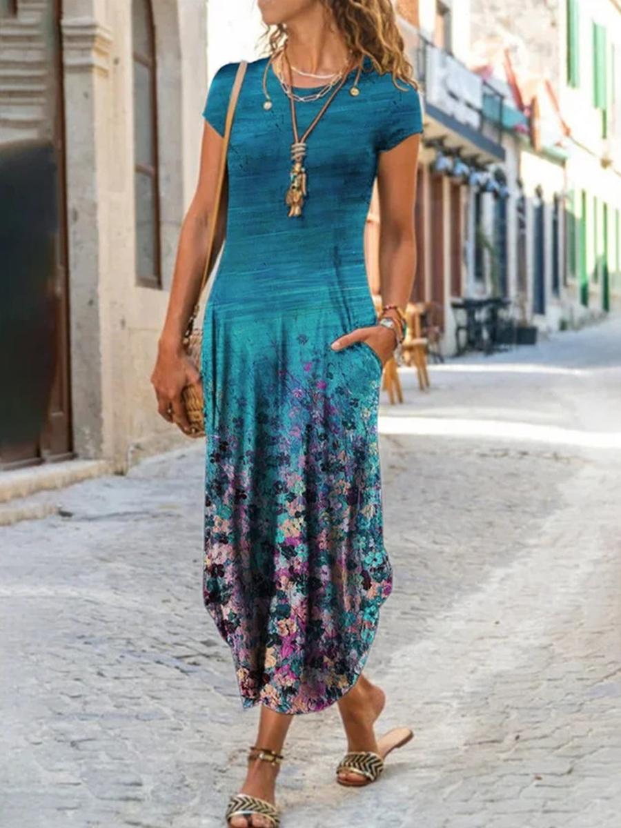 Women's Round Neck Pocket Short Sleeve Printed Dress