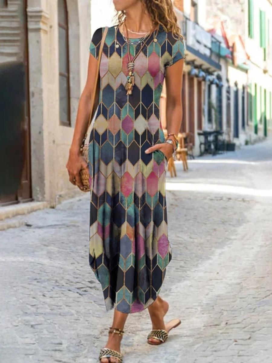 Women's Round Neck Pocket Short Sleeve Printed Dress