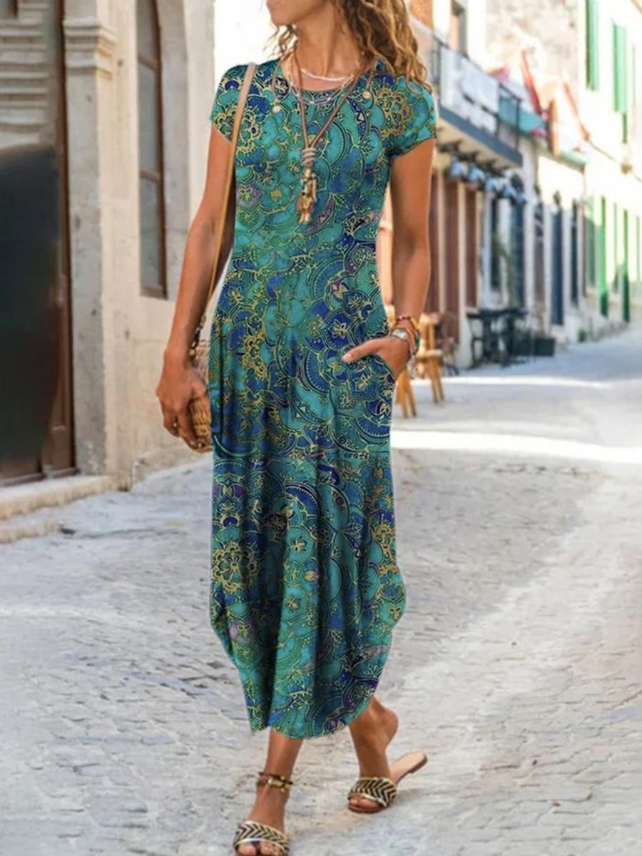 Women's Round Neck Pocket Short Sleeve Printed Dress