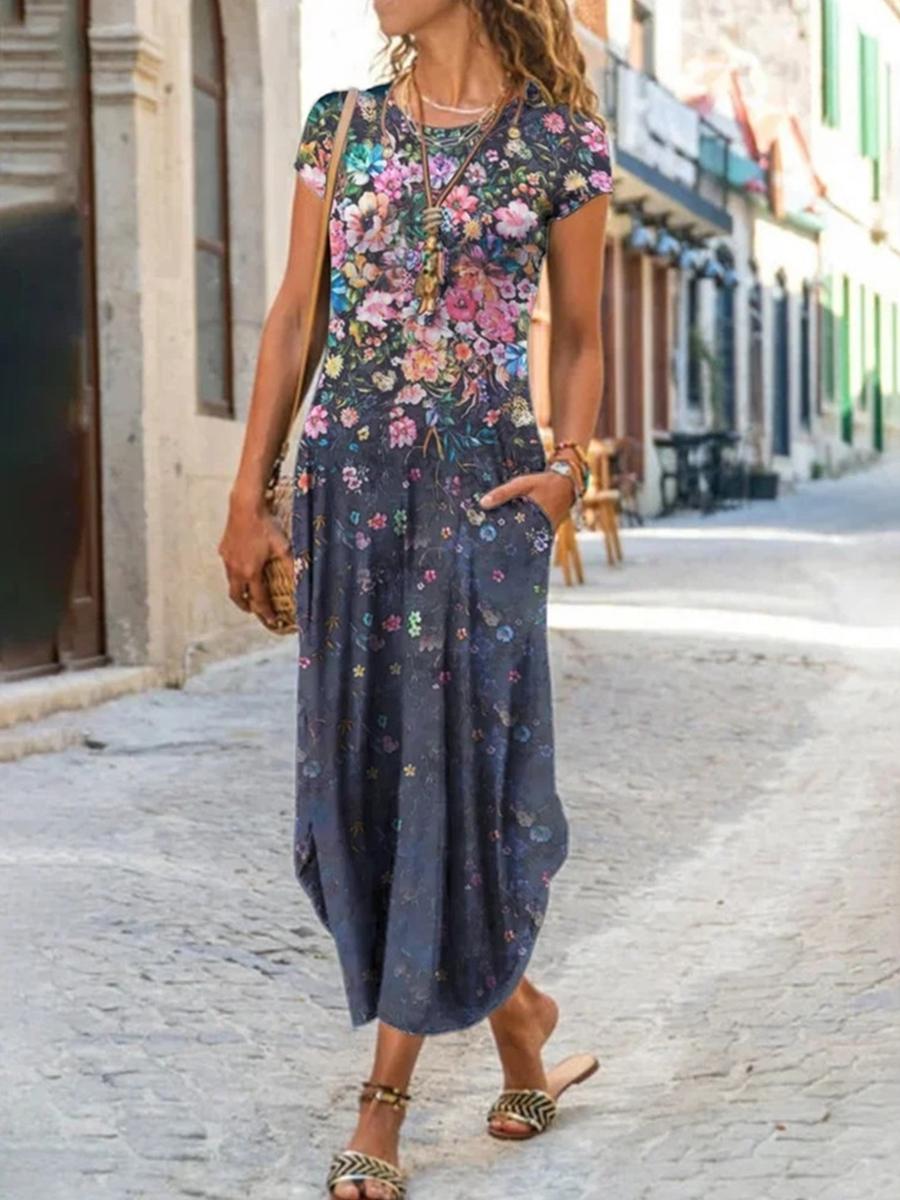 Women's Round Neck Pocket Short Sleeve Printed Dress
