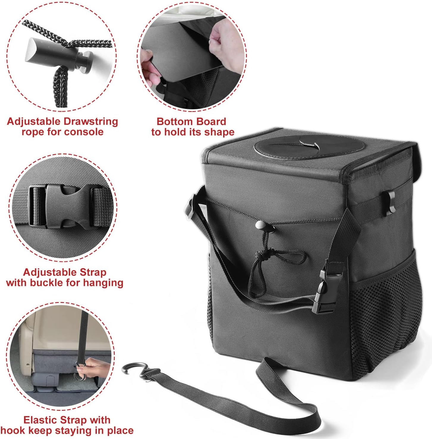 Ryhpez Car Trash Can with Lid - Car Trash Bag Hanging with Storage Pockets, Leakproof Collapsible Garbage Can with Solid Structure Support (Upgraded Version)
