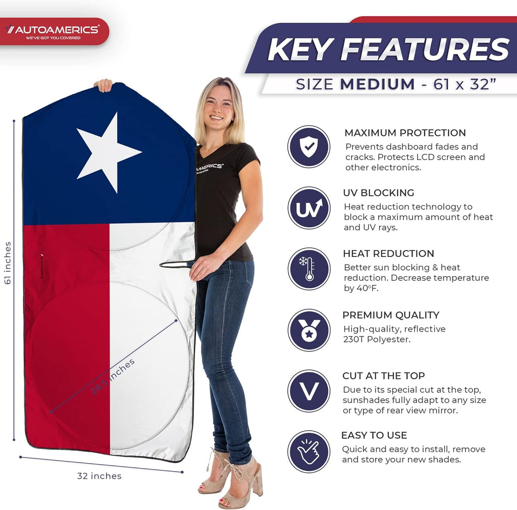 Autoamerics 1-Piece Windshield Sun Shade American Texas Flag USA Patriotic  - Foldable Car Front Window Sunshade for Sedans SUV Truck - Blocks Max UV Rays and Keeps Your Vehicle Cool - Medium