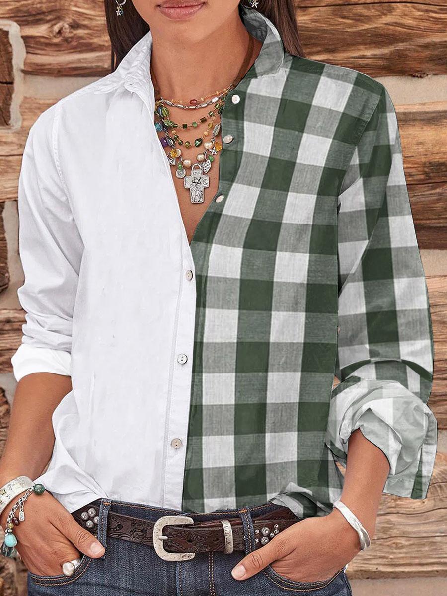 Casual Loose Plaid Stitching Long-sleeved Blouse