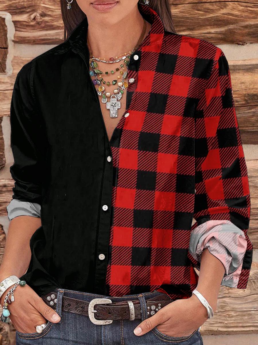 Casual Loose Plaid Stitching Long-sleeved Blouse
