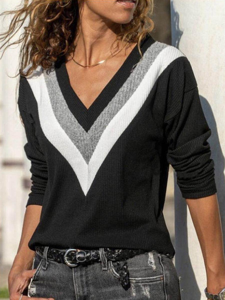 Fashion Color Matching V-neck Long-sleeved Sweater