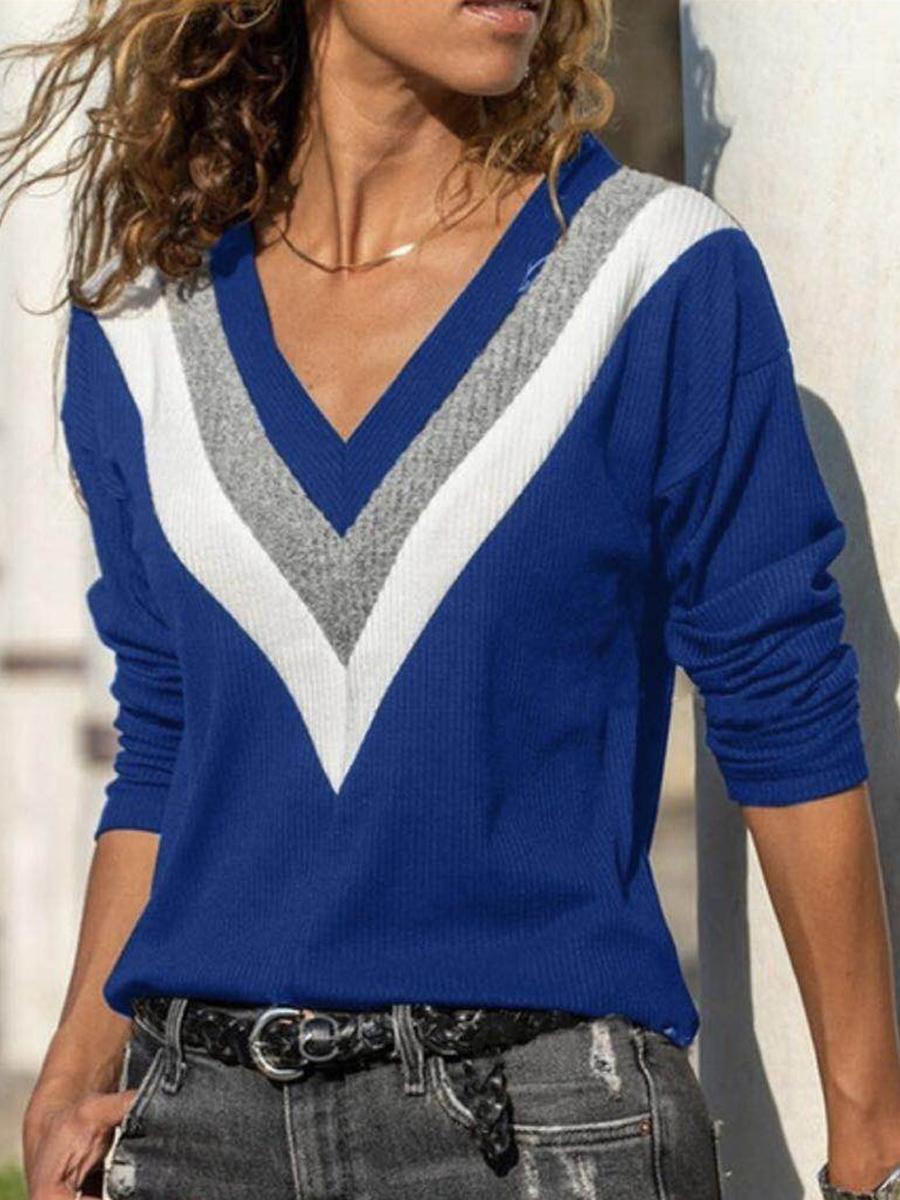 Fashion Color Matching V-neck Long-sleeved Sweater