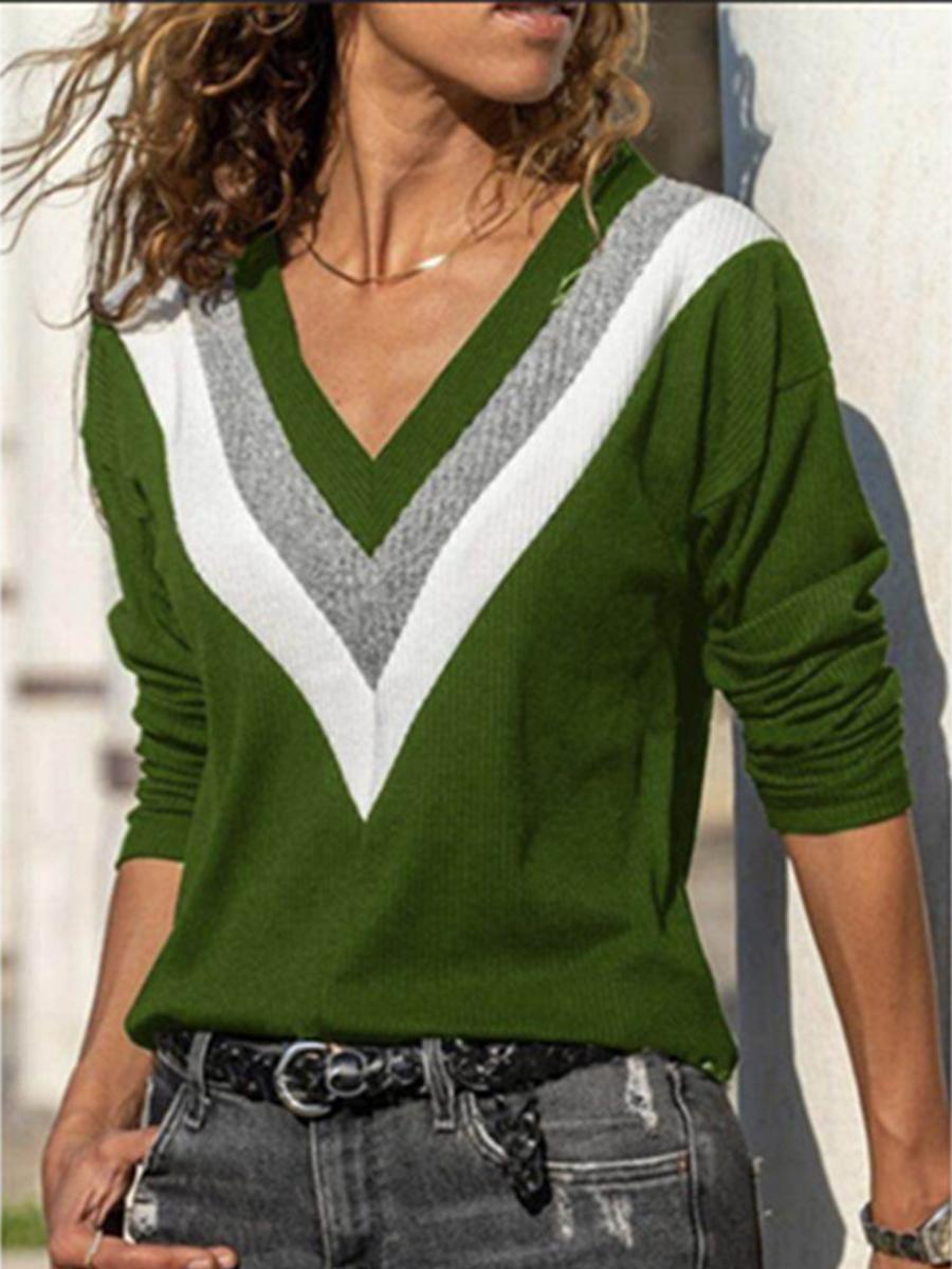 Fashion Color Matching V-neck Long-sleeved Sweater