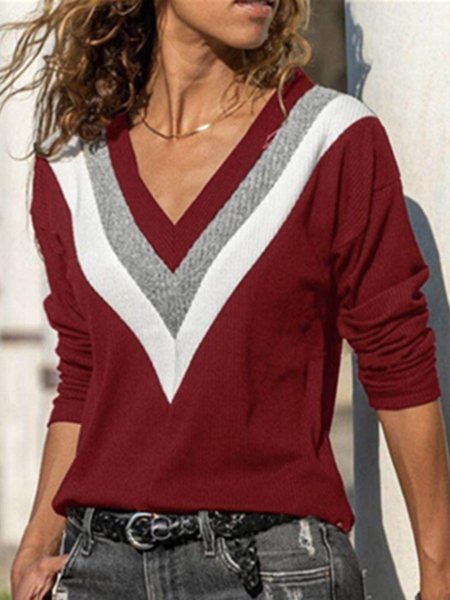 Fashion Color Matching V-neck Long-sleeved Sweater