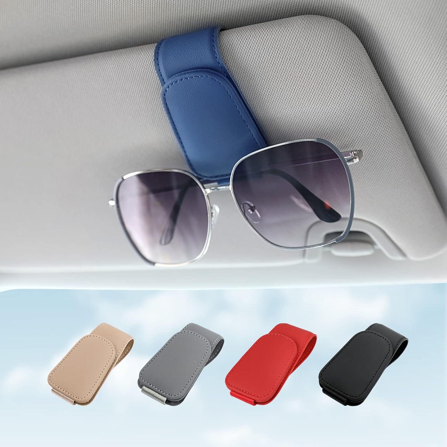 KanSmart Sunglass Holder for Car Visor Sunglasses Clip Magnetic Leather Glasses Eyeglass Holder Truck Car Interior Accessories Universal for Woman Man -Blue