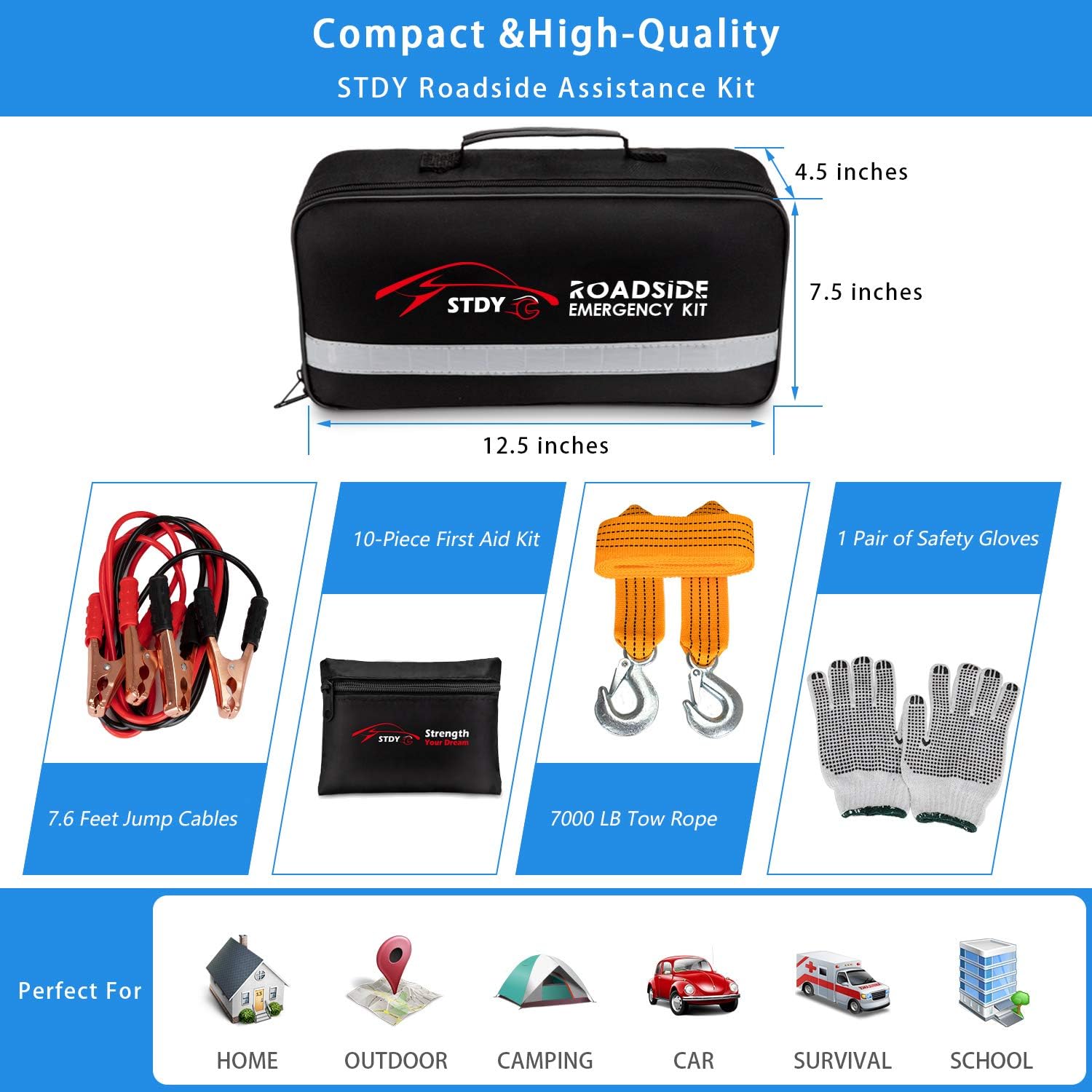 STDY Car Roadside Emergency Kit, Vehicle Truck Safety Road Side Assistance Kits Auto Accessory, with Jumper Cables, First Aid Kit, Tow Rope, Reflective Triangle, Tire Pressure Gauge, etc