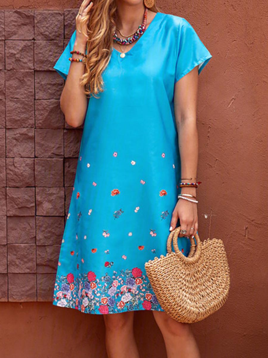 Printed Short Sleeve V-neck Cotton Shift Dress