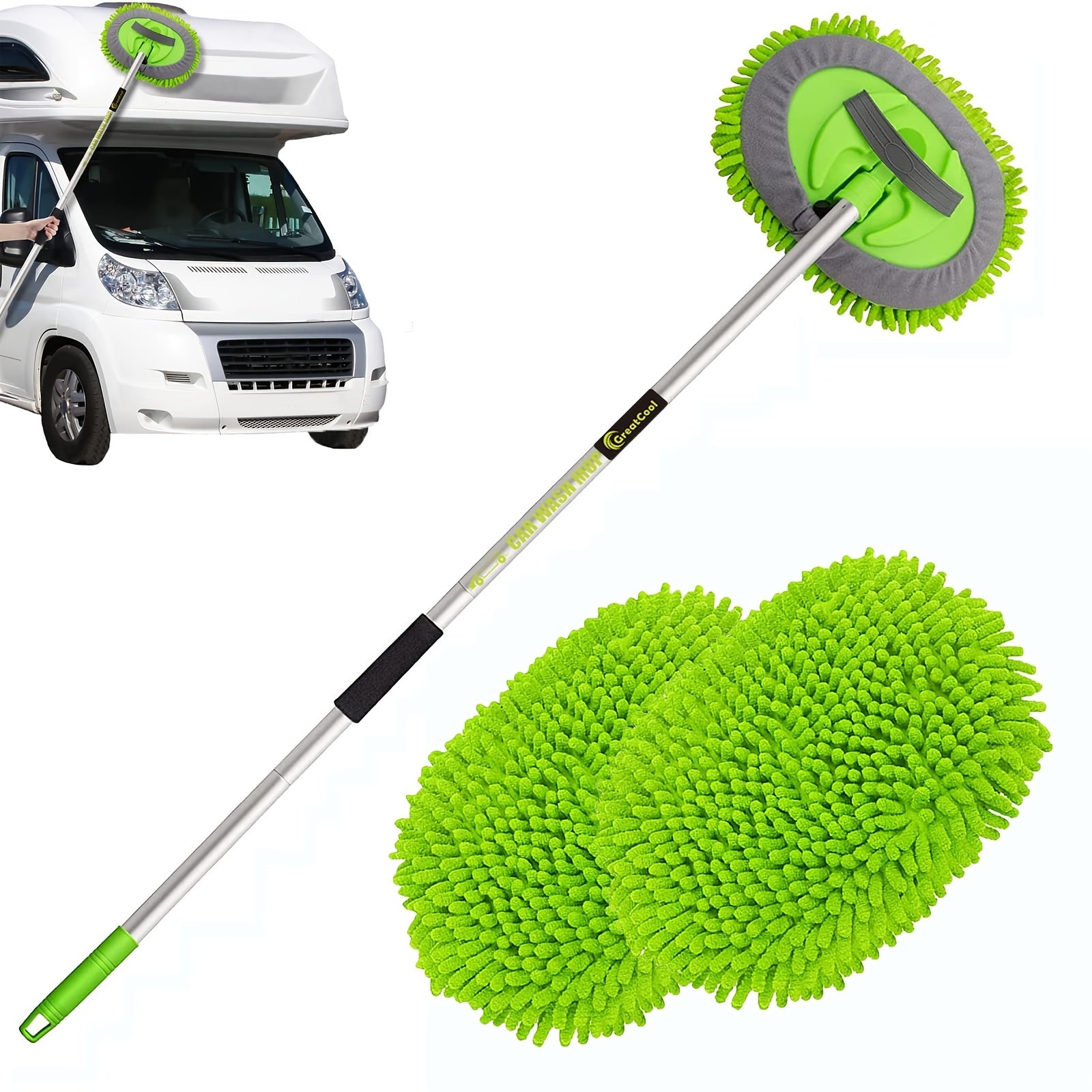62" Car Wash Brush Kit With Long Handle, Scratch Mop Cleaning Mitt Suitable For Washing Cars Truck SUV RV Caravans And Household(2 X Mop Head)