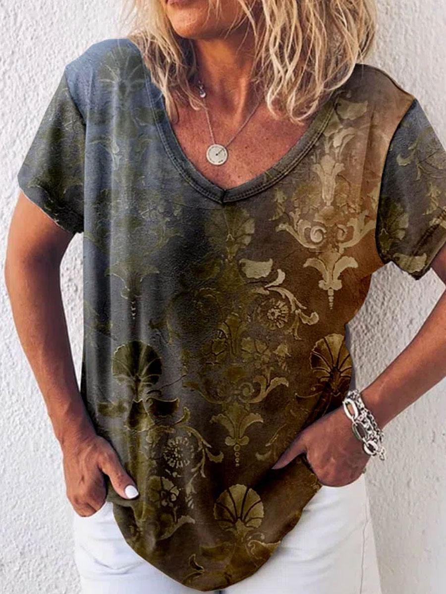 Fashion Printed V-neck Short-sleeved Casual T-shirt