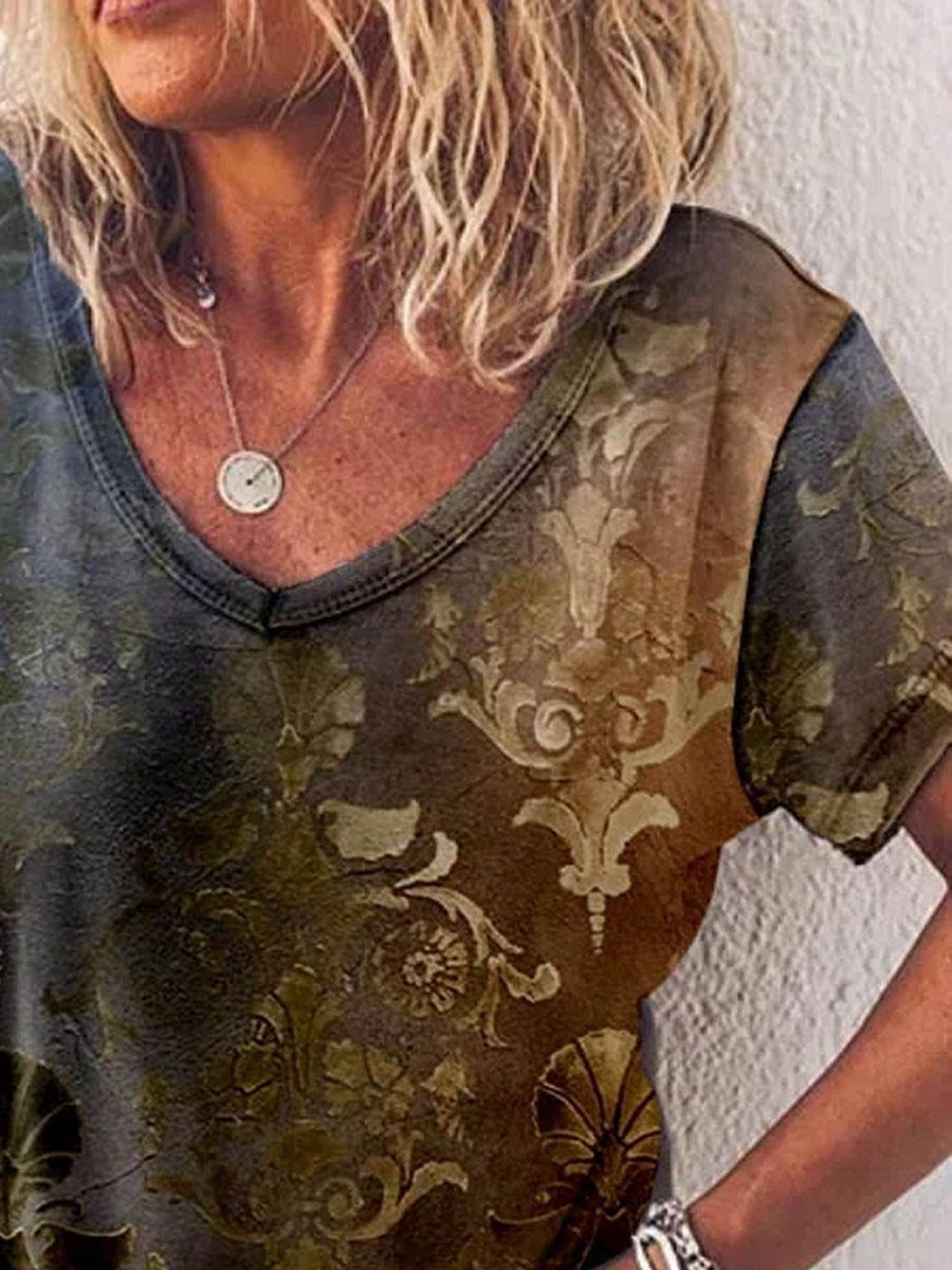 Fashion Printed V-neck Short-sleeved Casual T-shirt