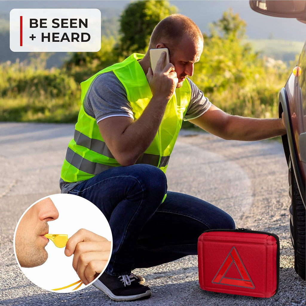 Thrive Roadside Emergency Car Kit - Car Safety Accessories and Tool Kit with Jumper Cables and Mini First Aid Kit - Car Emergency Kit for Women and Men (Red Shell Case)