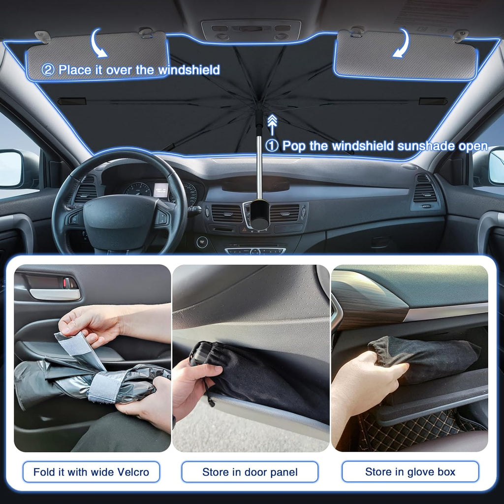 Car Windshield Sun Shade Umbrella, Upgraded Windshield Sunshades with 360° Rotation Bendable Handle, Foldable Automotive Windshield Shades, Full Cover Sun Shade for Most Vehicles