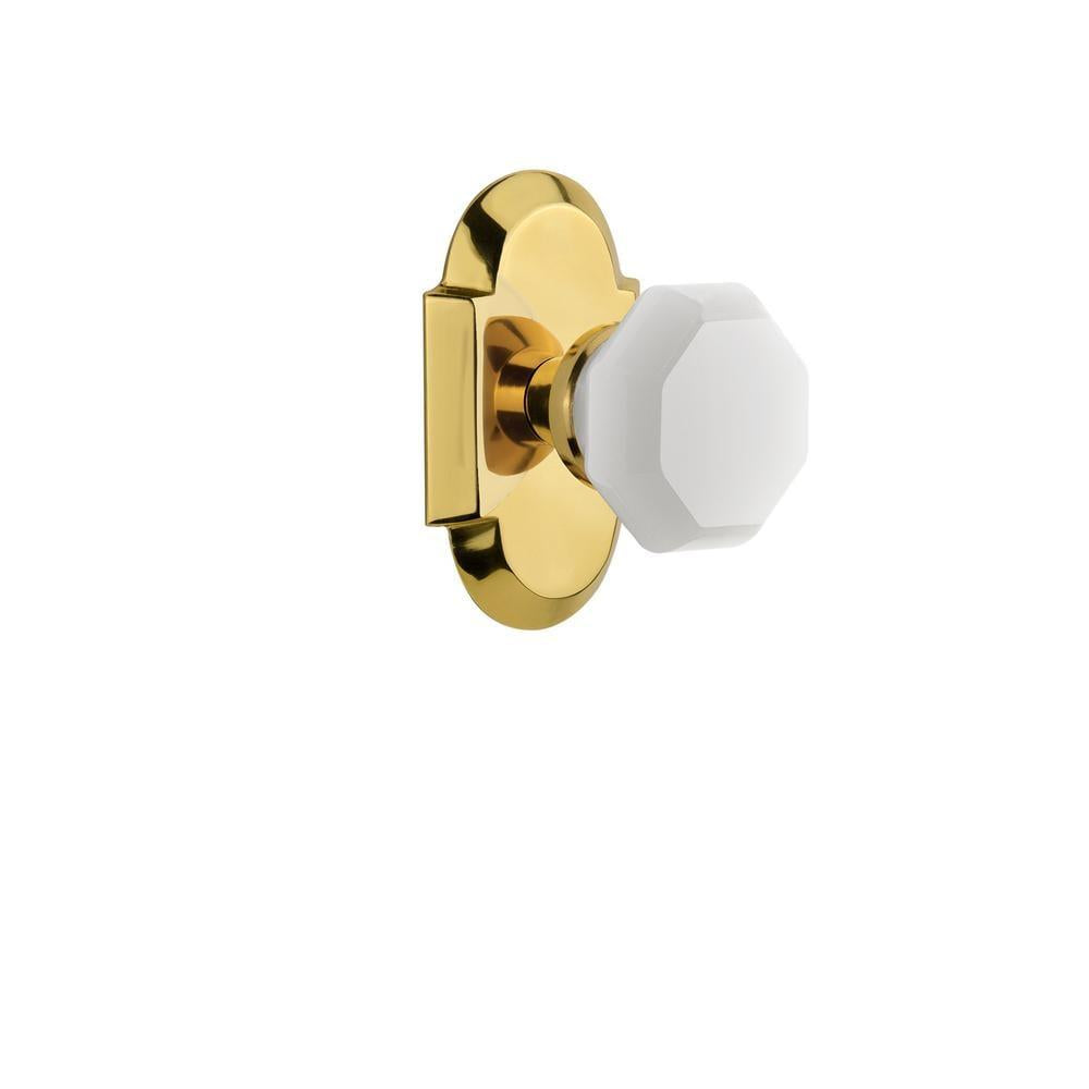 CottaPlate 2-3/8 in. Backset Polished Brass Privacy Bed/Bath Waldorf White Milk Glass Door Knob