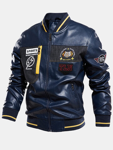 mens pu leather casual fleece lined thick varsity jacket with badges