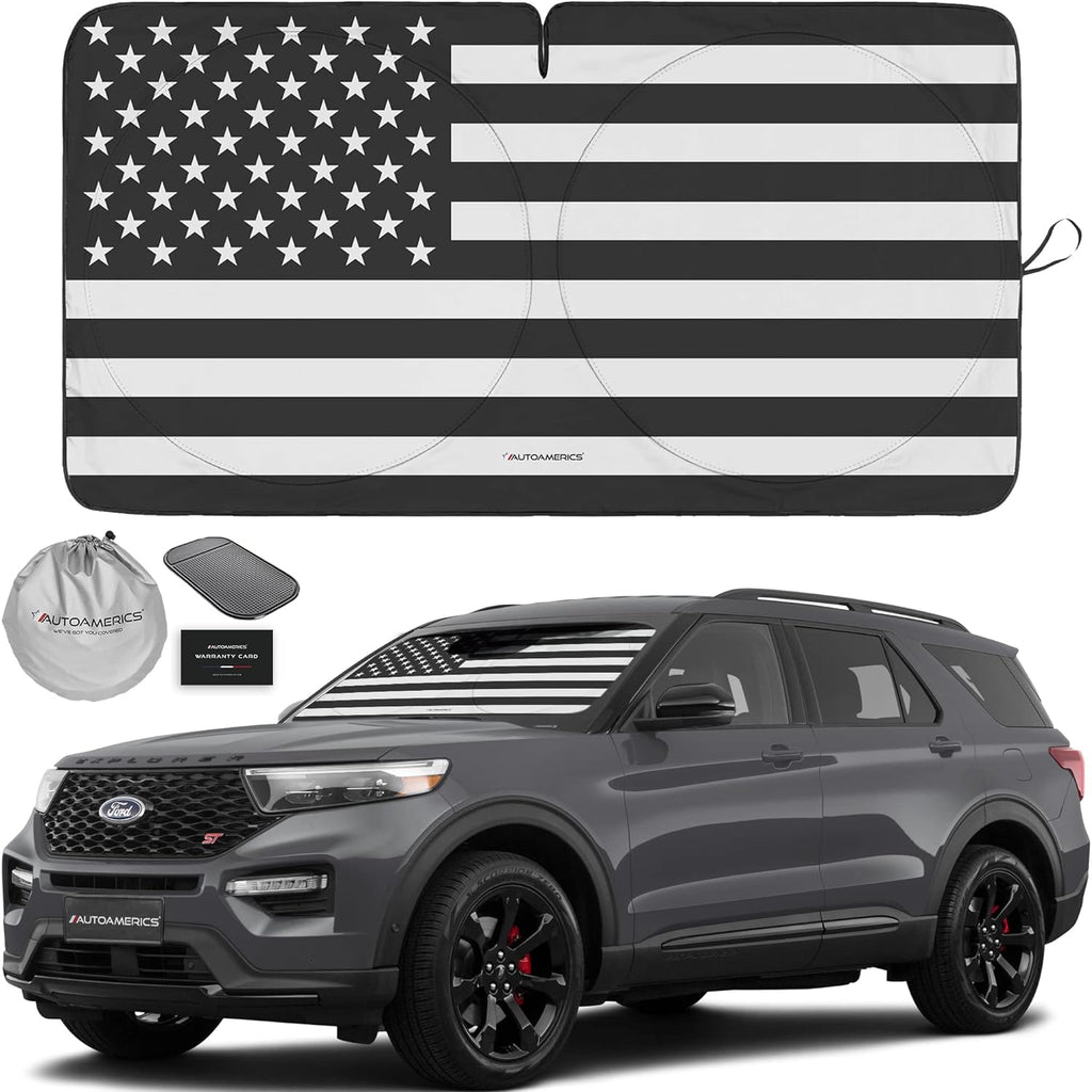 Autoamerics 1-Piece Windshield Sun Shade B&amp;W American Flag USA Patriotic  - Foldable Car Front Window Sunshade for Most Sedans SUV Truck - Blocks Max UV Rays and Keeps Your Vehicle Cool - Medium