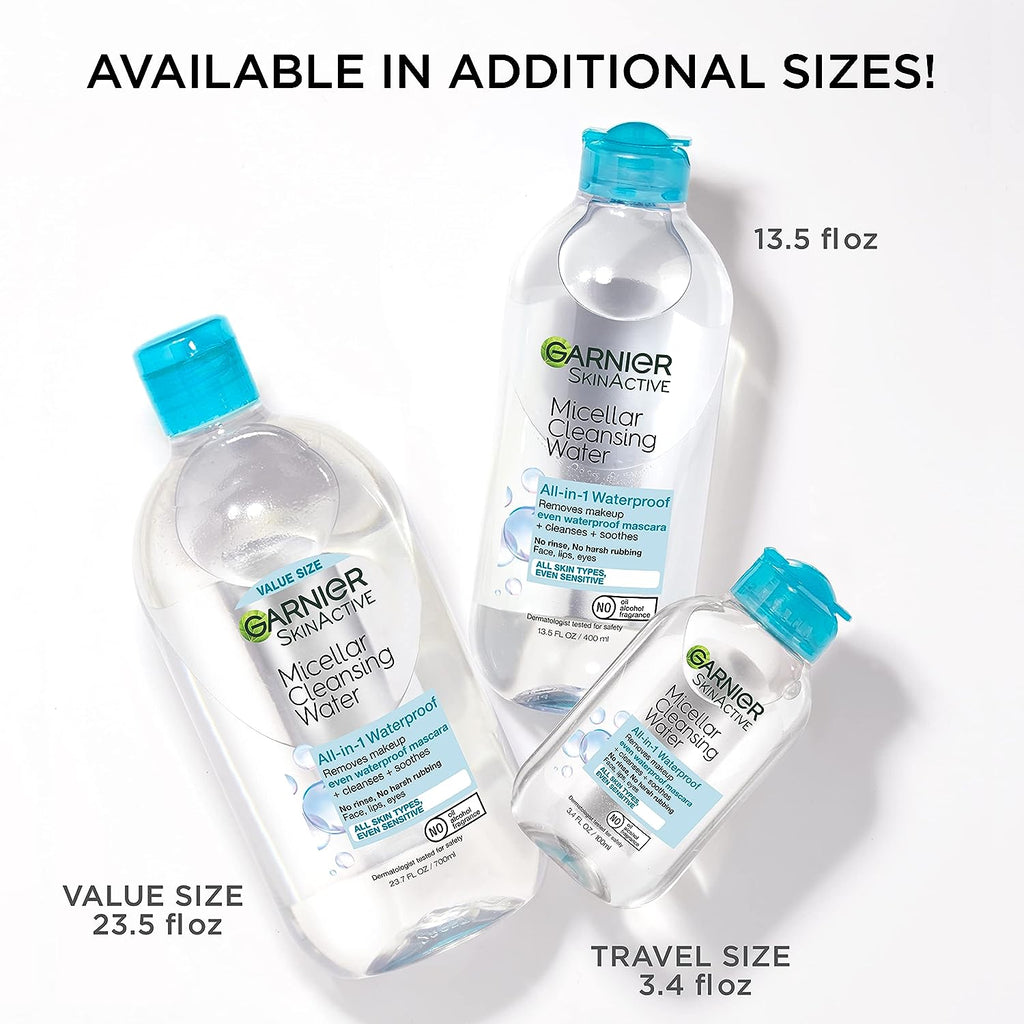 Garnier SkinActive Micellar Water For Waterproof Makeup, Facial Cleanser &amp; Makeup Remover, 13.5 Fl Oz (400mL), 2 Count (Packaging May Vary)