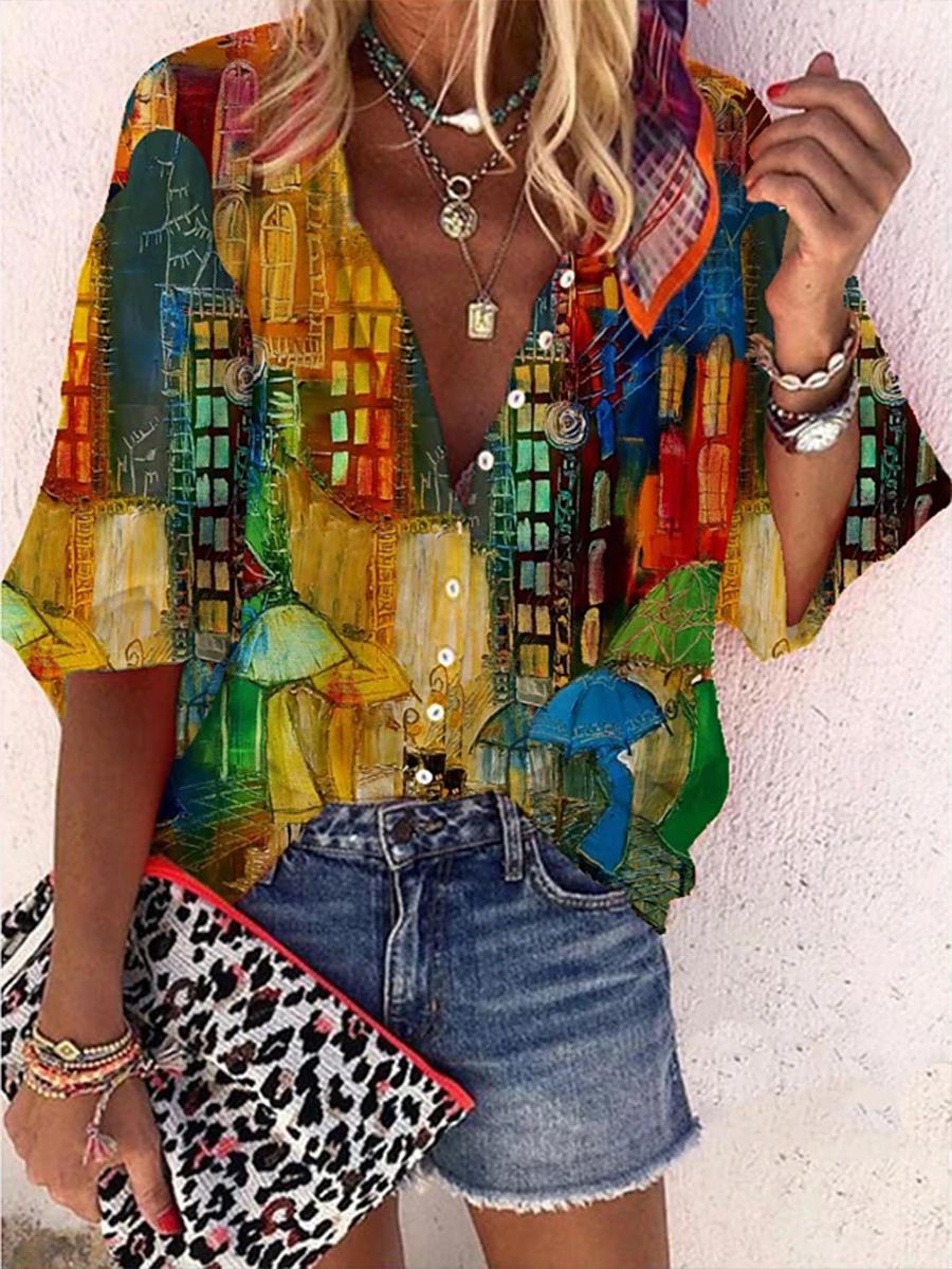 Casual Loose Printed V-neck Shirt
