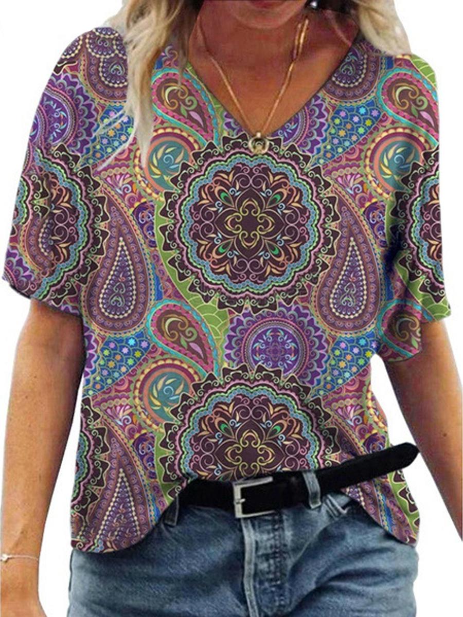 Casual V-Neck Abstract Painting Short-Sleeved T-Shirt
