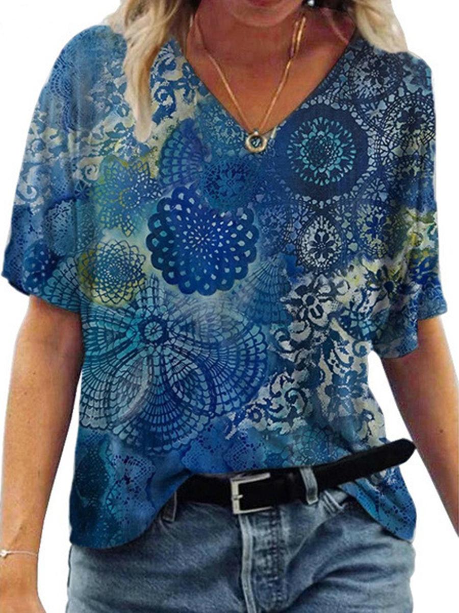 Casual V-Neck Abstract Painting Short-Sleeved T-Shirt