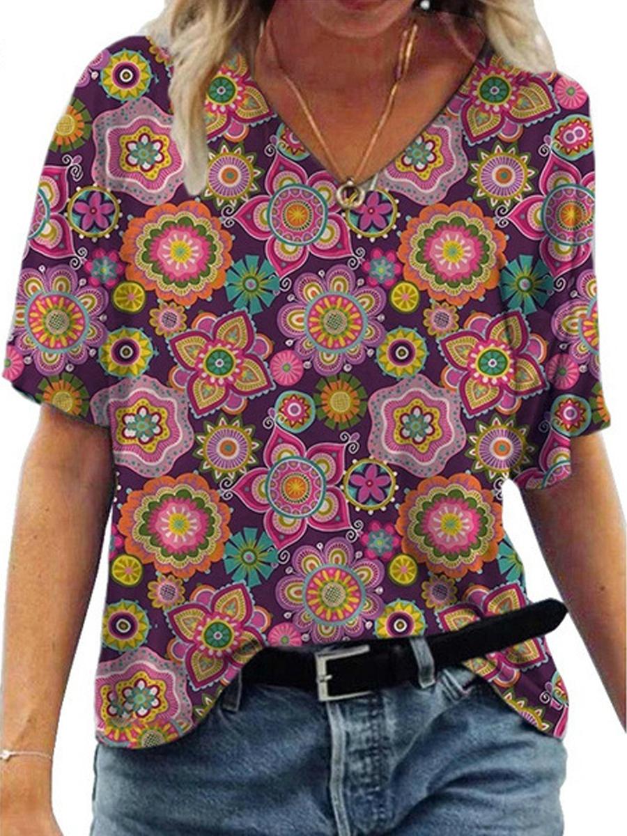 Casual V-Neck Abstract Painting Short-Sleeved T-Shirt
