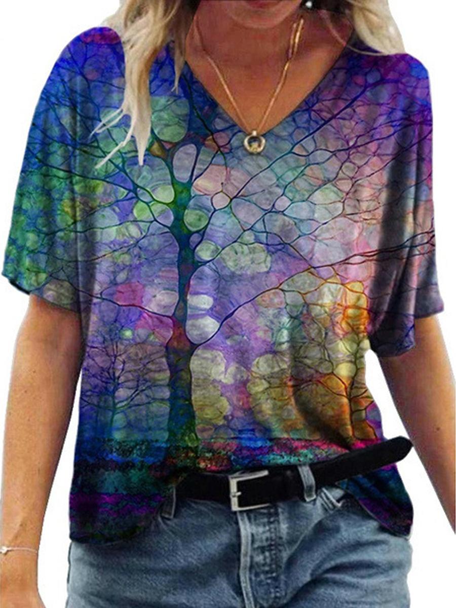 Casual V-Neck Abstract Painting Short-Sleeved T-Shirt