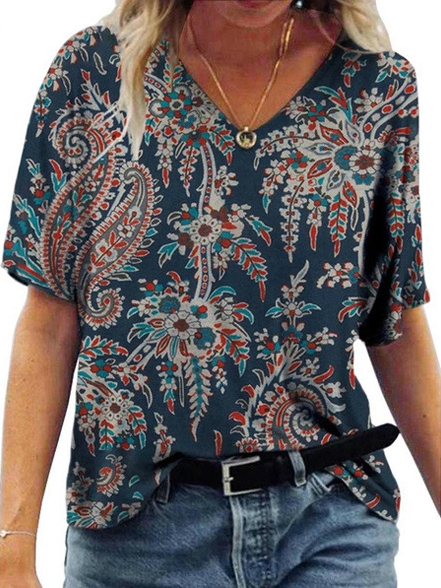 Casual V-Neck Abstract Painting Short-Sleeved T-Shirt