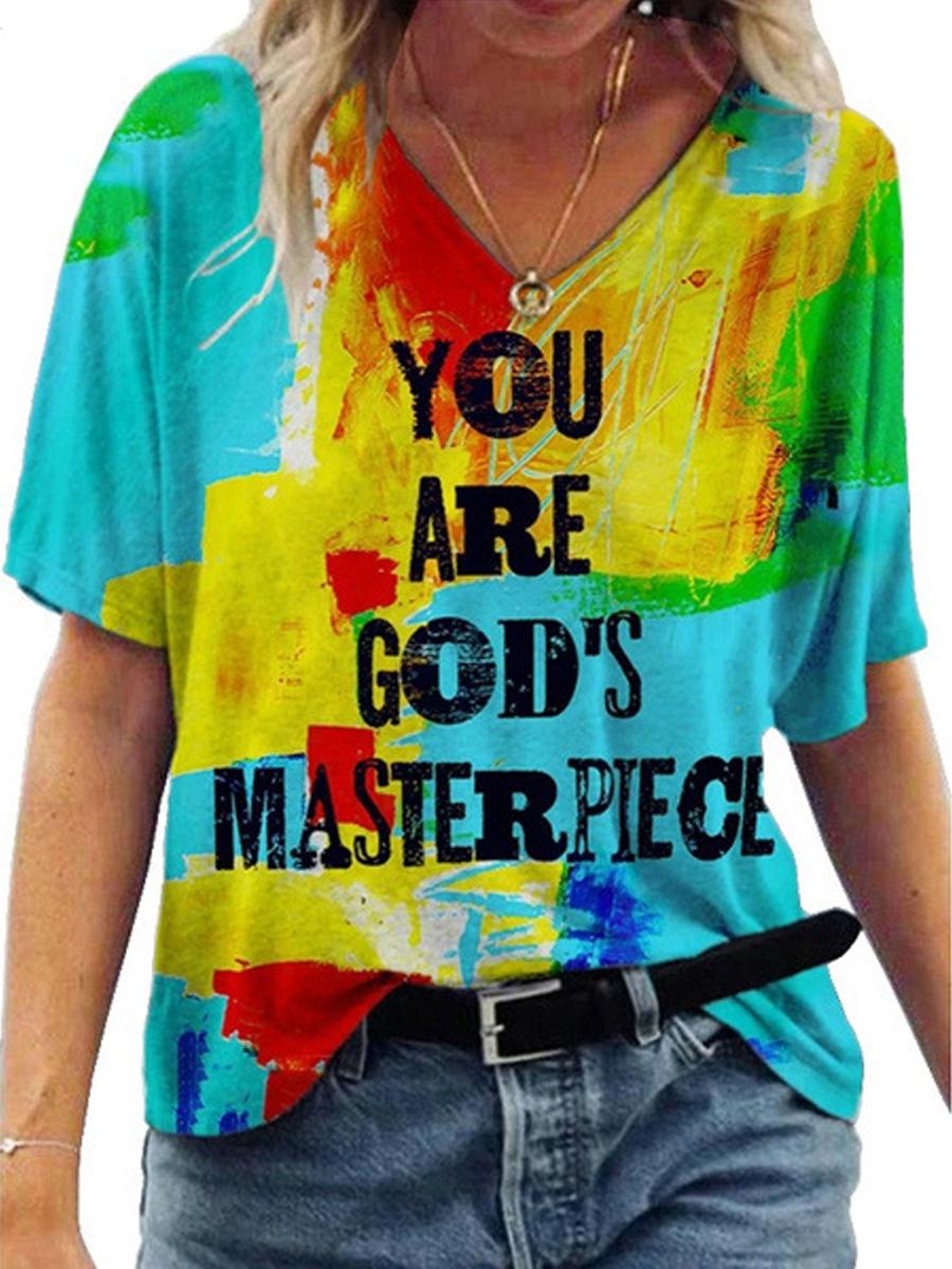 Casual V-Neck Abstract Painting Short-Sleeved T-Shirt