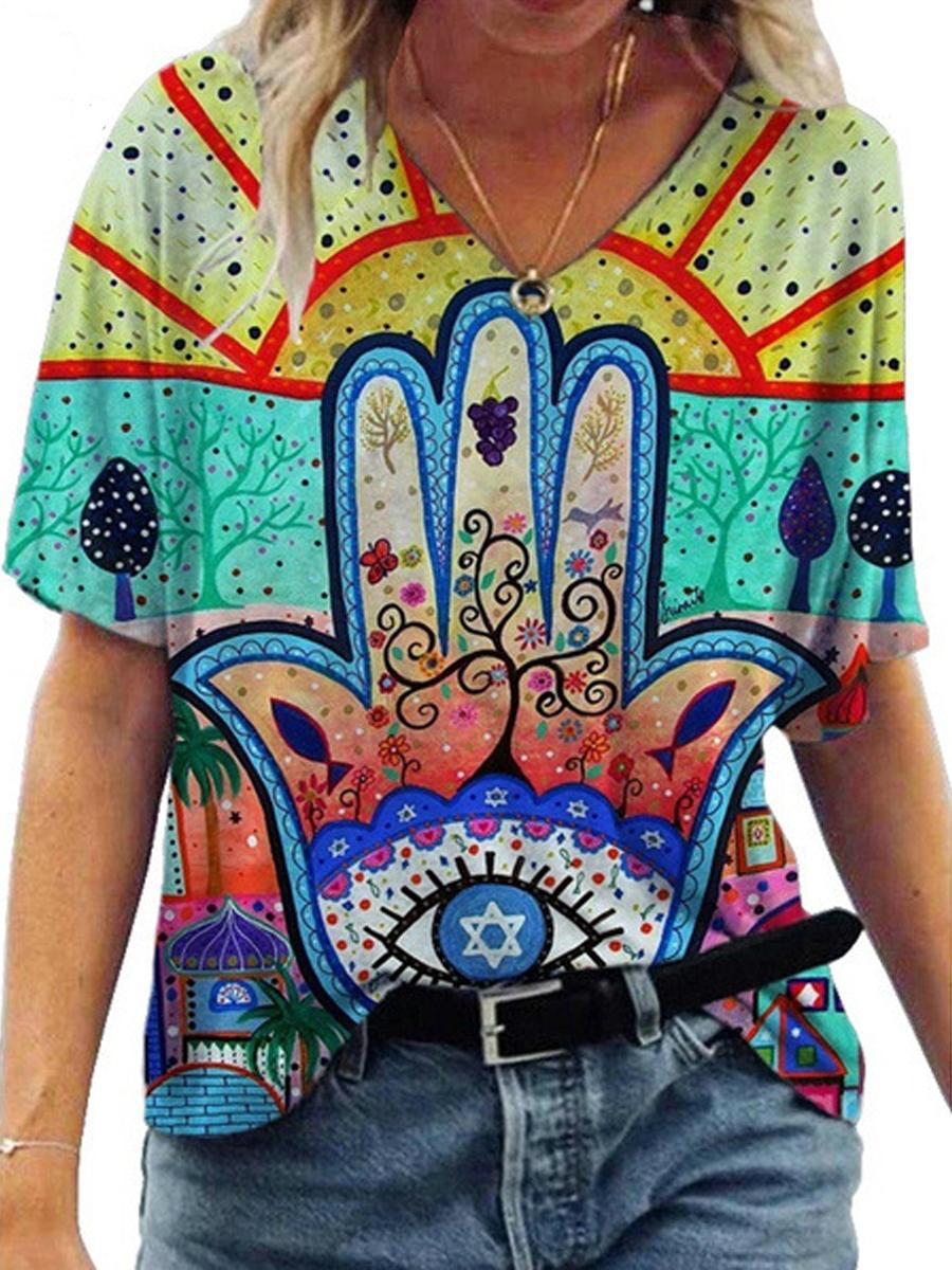 Casual V-Neck Abstract Painting Short-Sleeved T-Shirt