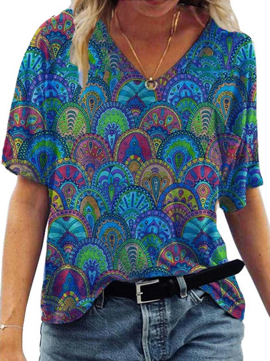 Casual V-Neck Abstract Painting Short-Sleeved T-Shirt