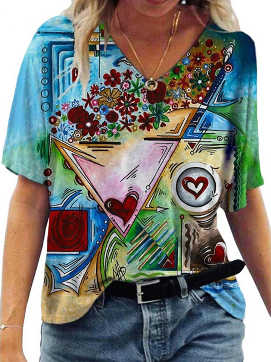 Casual V-Neck Abstract Painting Short-Sleeved T-Shirt