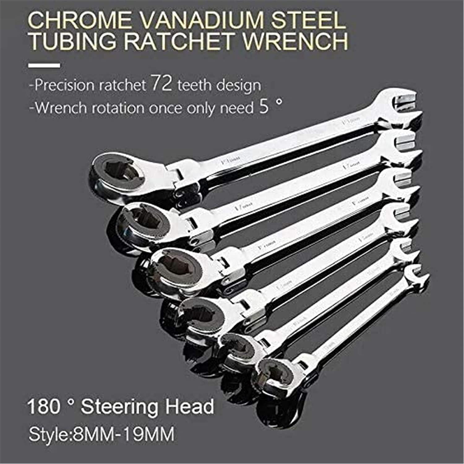 Tubing Ratchet Wrench Set, 180° Movable Flexible Head RatchetFix Tubing Two-Way Ratchet Wrench for Hand Maintain Repair Tool 8MM-19MM (12PCS)
