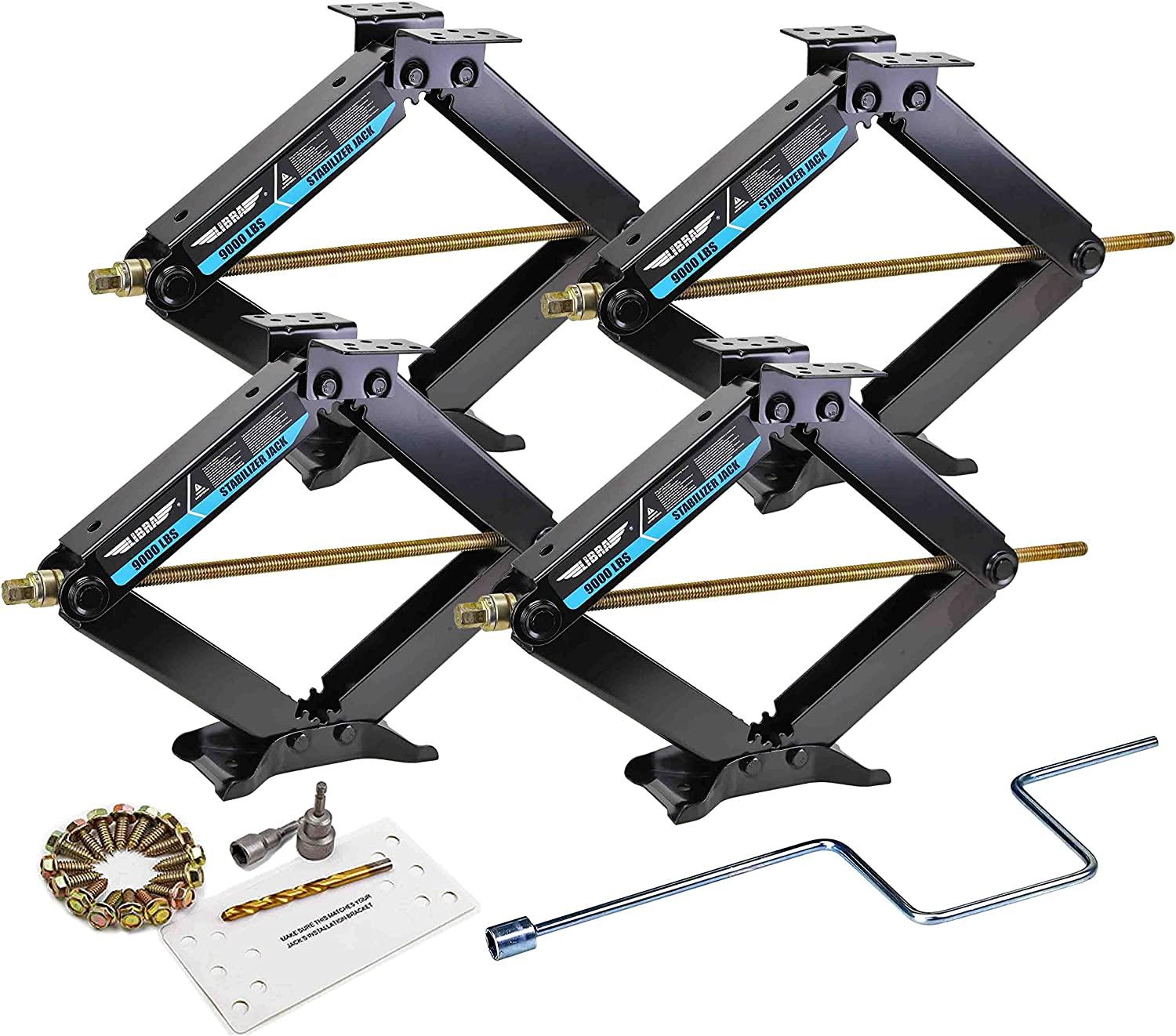 Set 4 LIBRA 9K lb Heavy Duty 24" RV Trailer Stabilizer Leveling Scissor Jacks w/Dual Power Drill Sockets & Complete Set of Mounting Hardware -Model# 26098